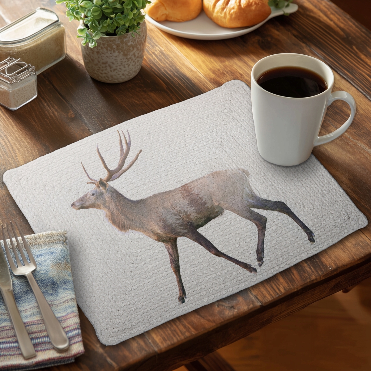 Picture of Begin Home Decor C6BP1418CYYAHG 14 x 18 in. Deer & Forest Braided Polyester Placemat for Home Decor - Set of 6