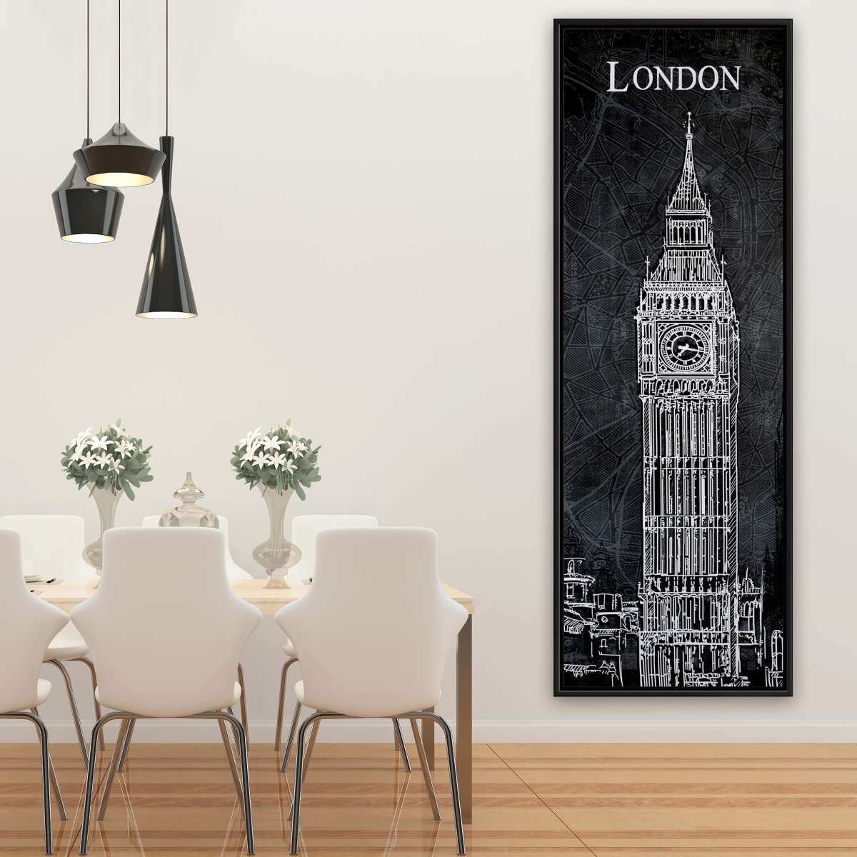C1FC2060C3IGGZ 20 x 60 in. Big Ben Sketch with Map Background - Monochrome Framed Canvas