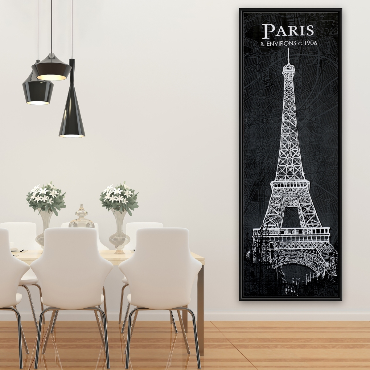 C1FC2060911GLK 20 x 60 in. Eiffel Tower Sketch with Map - Gray Cities Framed Canvas Decor
