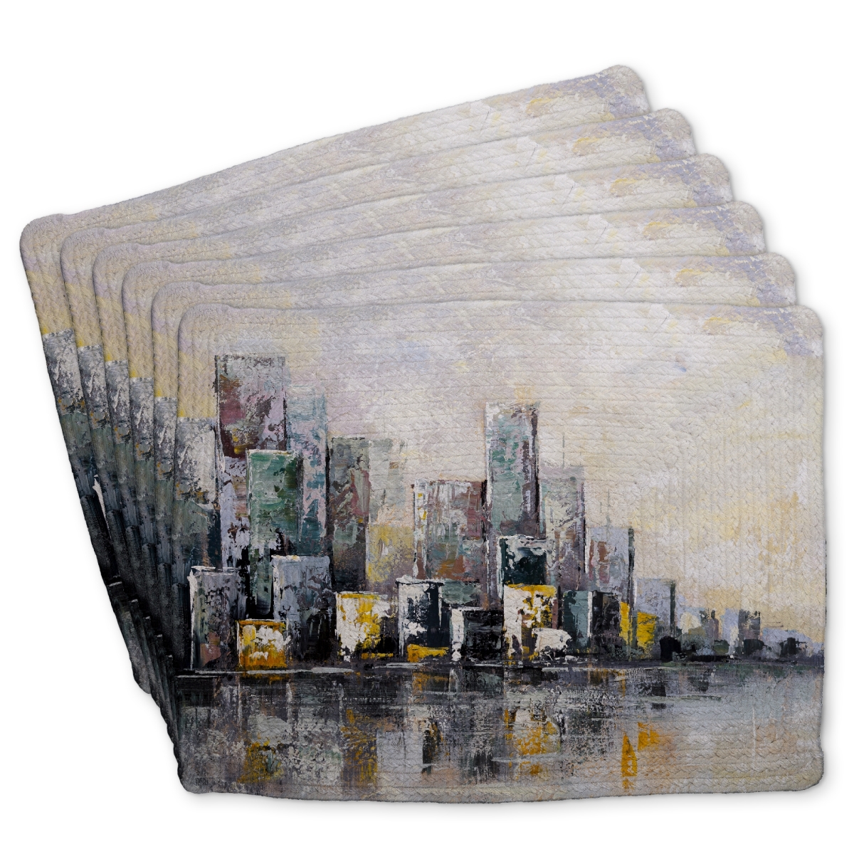 Picture of Begin Home Decor C6BP14180GOCFY 14 x 18 in. Abstract Cityscape Morning Braided Polyester Placemat - Home Decor - Set of 6
