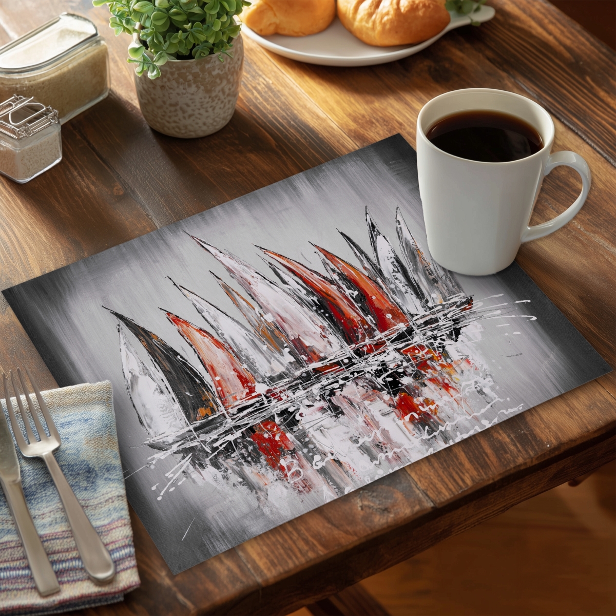 Picture of Begin Home Decor C6PP14182BRF93 14 x 18 in. Sailboats with Paint Splash Polyester Placemat - Home Decor - Set of 6