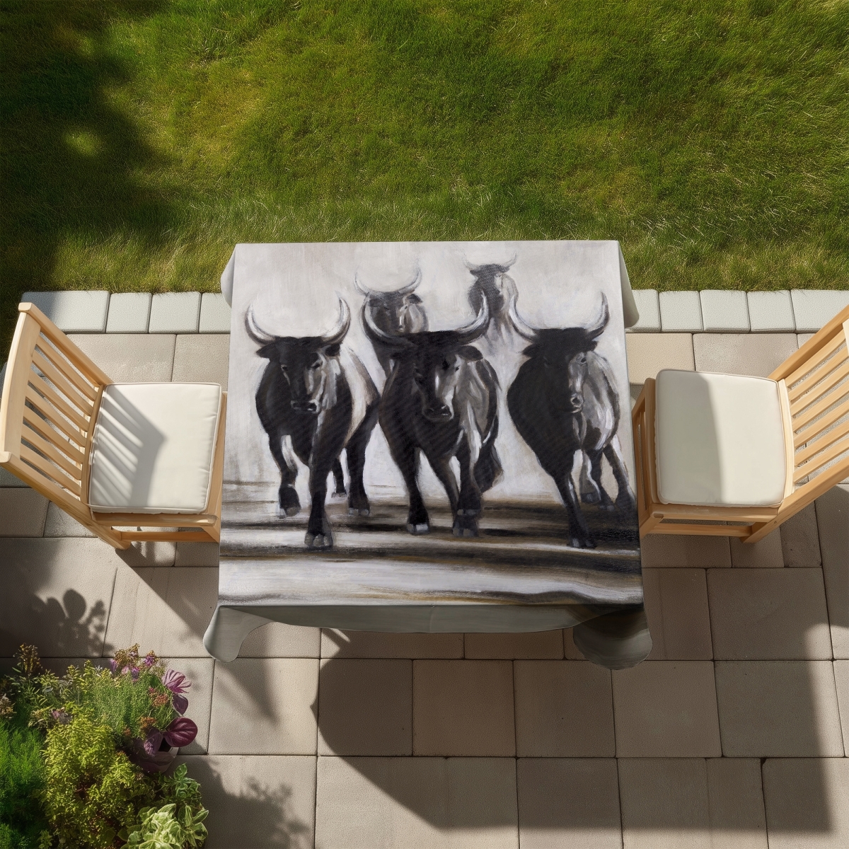 Picture of Begin Home Decor C1TC5858HBA90W 58 x 58 in. Running Fierce Bulls Tablecloth - Indoor Outdoor Farm Decor
