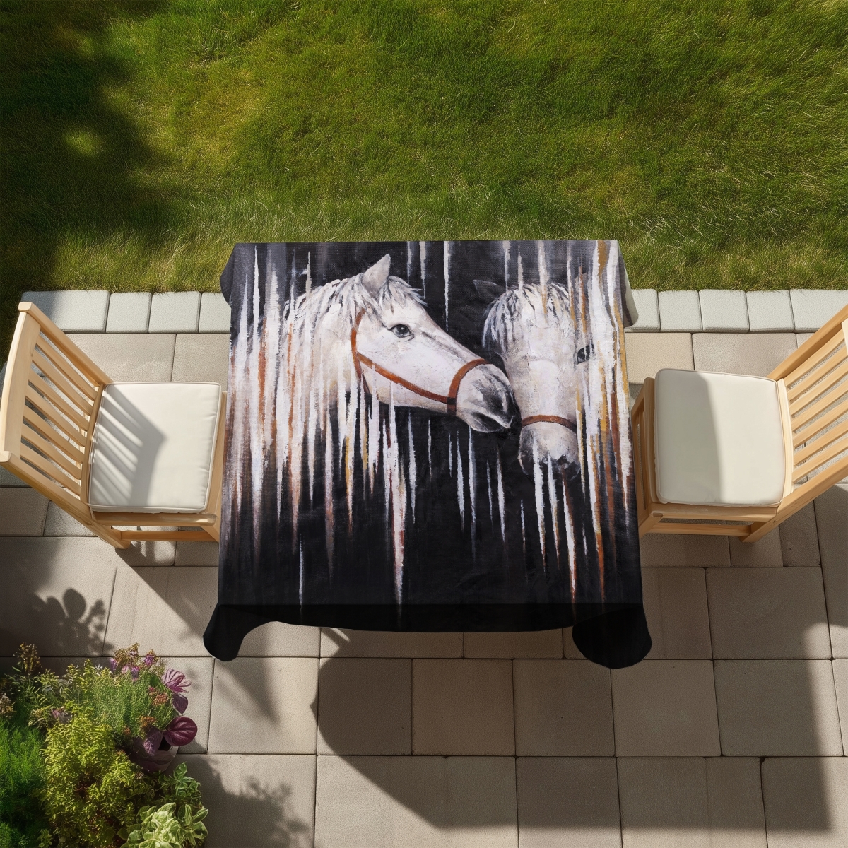 Picture of Begin Home Decor C1TC5858G0Q7YT 58 x 58 in. Two White Horses Kissing Tablecloth - Rustic Bedroom Decor