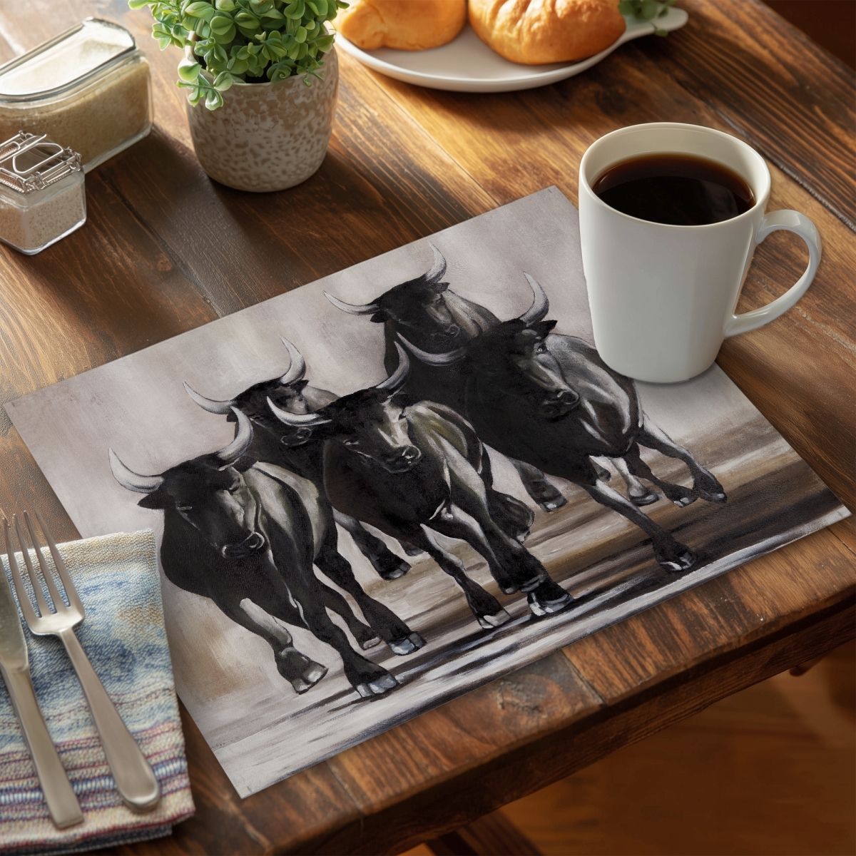 Picture of Begin Home Decor C4PP1418SL7RD4 14 x 18 in. Group of Running Bulls Polyester Placemat - Home Decor - Set of 4