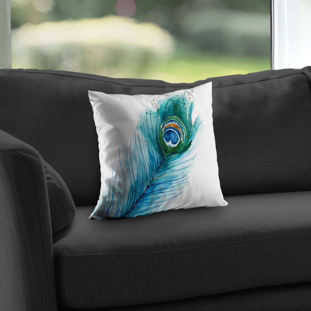 C1PC1414YV9L2C 14 x 14 in. Long Peacock Feather - Romantic Blue Poly Twill Throw for Home Decor