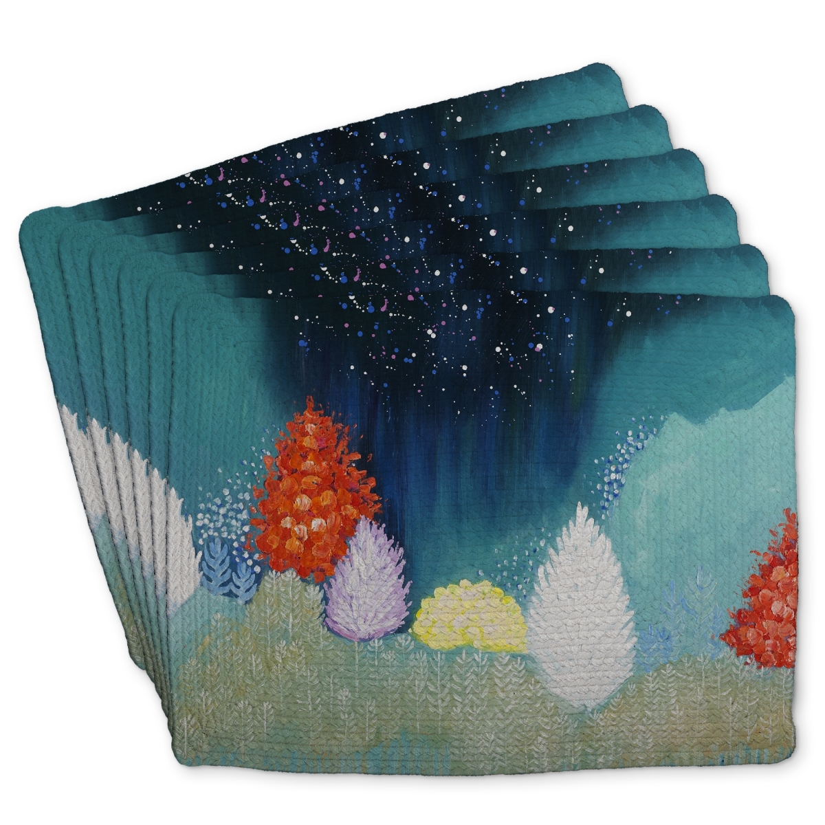 Picture of Begin Home Decor C6BP1418T2XPK6 14 x 18 in. Mysterious Colorful Trees Braided Polyester Placemat - Home Decor - Set of 6