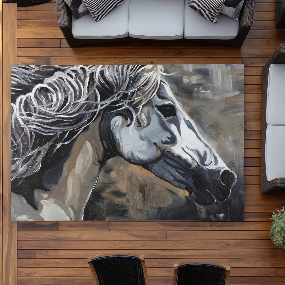C1ROAR575PN7B6 5 x 7 ft. Side of a Wild Horse Outdoor Area Rug - Black Animals Decor - Rectangle