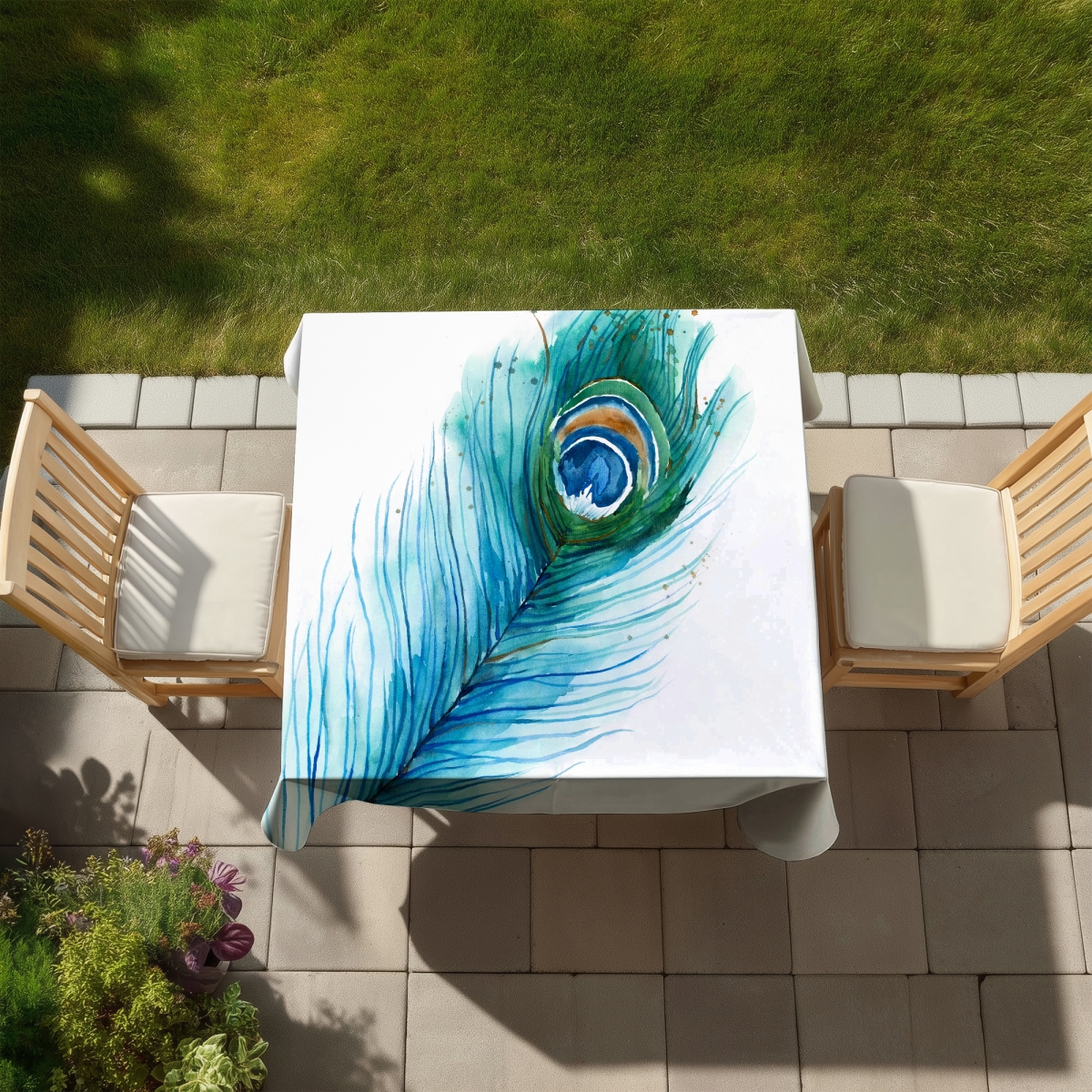 Picture of Begin Home Decor C1TC5858HCELTU 58 x 58 in. Long Peacock Feather Tablecloth - Indoor Outdoor Home Decor