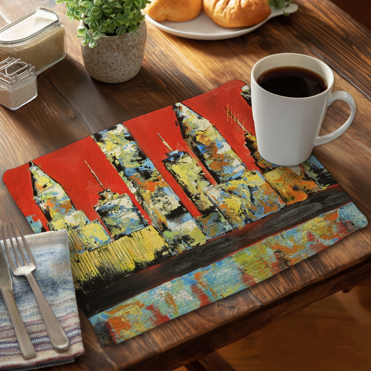 Picture of Begin Home Decor C6BP1418O5O5HC 14 x 18 in. View of Red City Braided Polyester Placemat - Home Decor - Set of 6