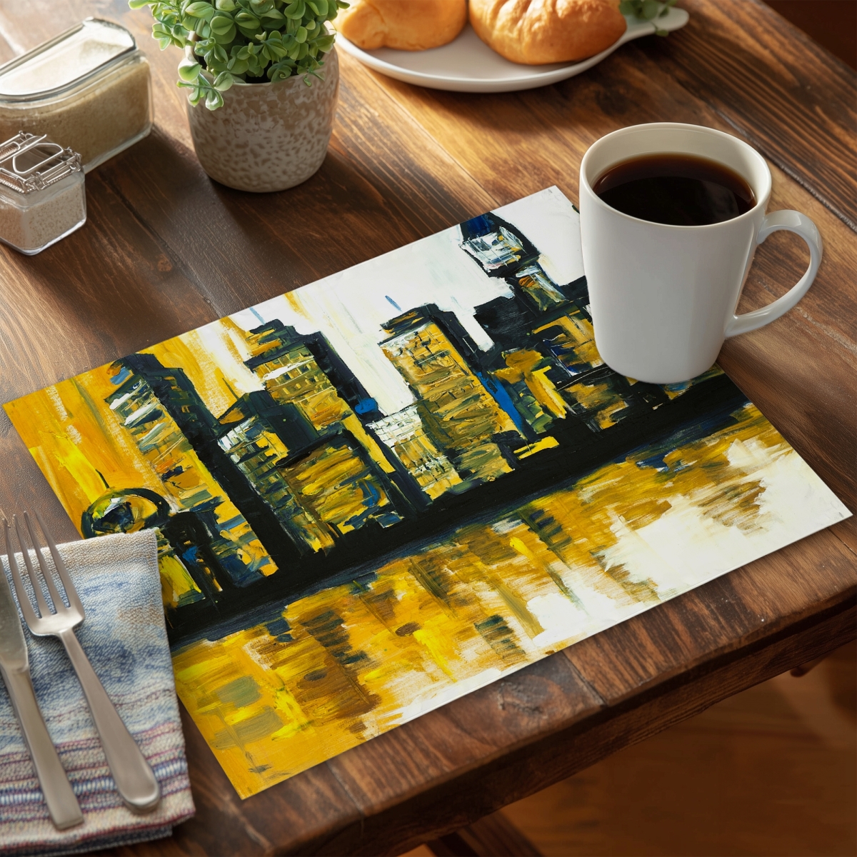 Picture of Begin Home Decor C6PP1418Q98NO1 14 x 18 in. Yellow City Polyester Placemat - Stylish Home Decor Accent - Set of 6