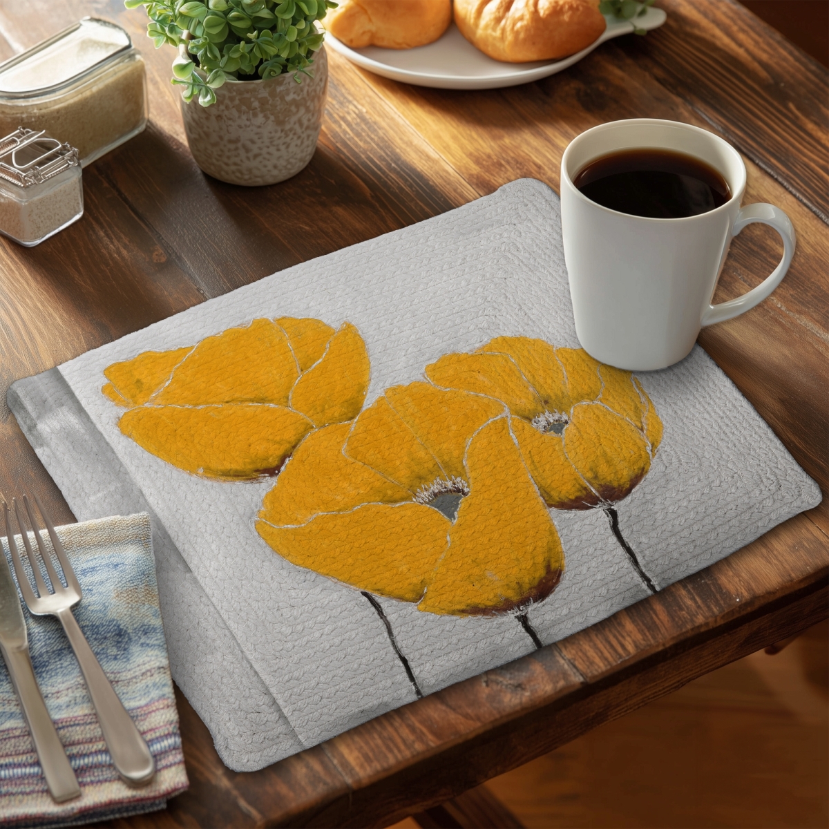 Picture of Begin Home Decor C6BP1418KYAZXP 14 x 18 in. Three Yellow Flowers Braided Polyester Placemat - Home Decor - Set of 6