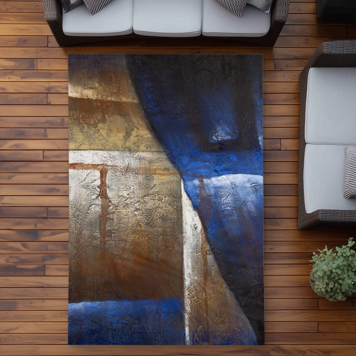 C1ROAR57KAF336 5 x 7 ft. Bronze Shapes with Blue Light - Industrial Beige Outdoor Rug - Rectangle