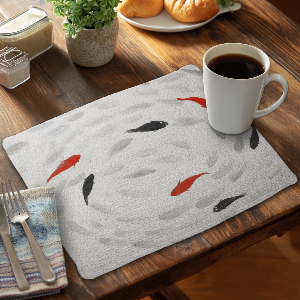 Picture of Begin Home Decor C6BP1418AMEEL4 14 x 18 in. Swimming Fish Swirl Braided Polyester Placemat - Home Decor - Set of 6
