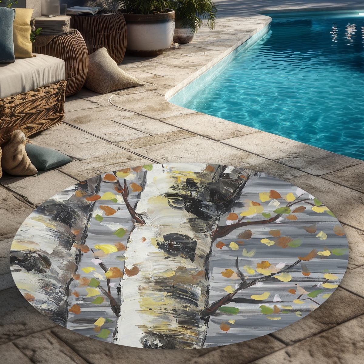 C1COAR55QP35SW 5 x 5 ft. Budding White Birches Outdoor Area Rug - Landscape Trees Decor - Round
