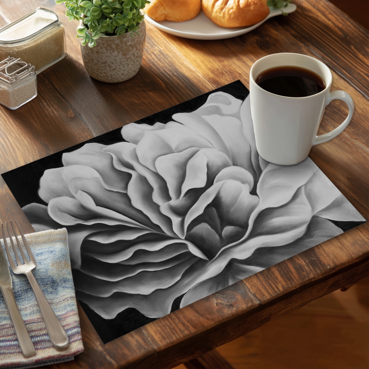 Picture of Begin Home Decor C4PP1418FE7C7Z 14 x 18 in. Beautiful Black & White Flower Polyester Placemat - Home Decor - Set of 4