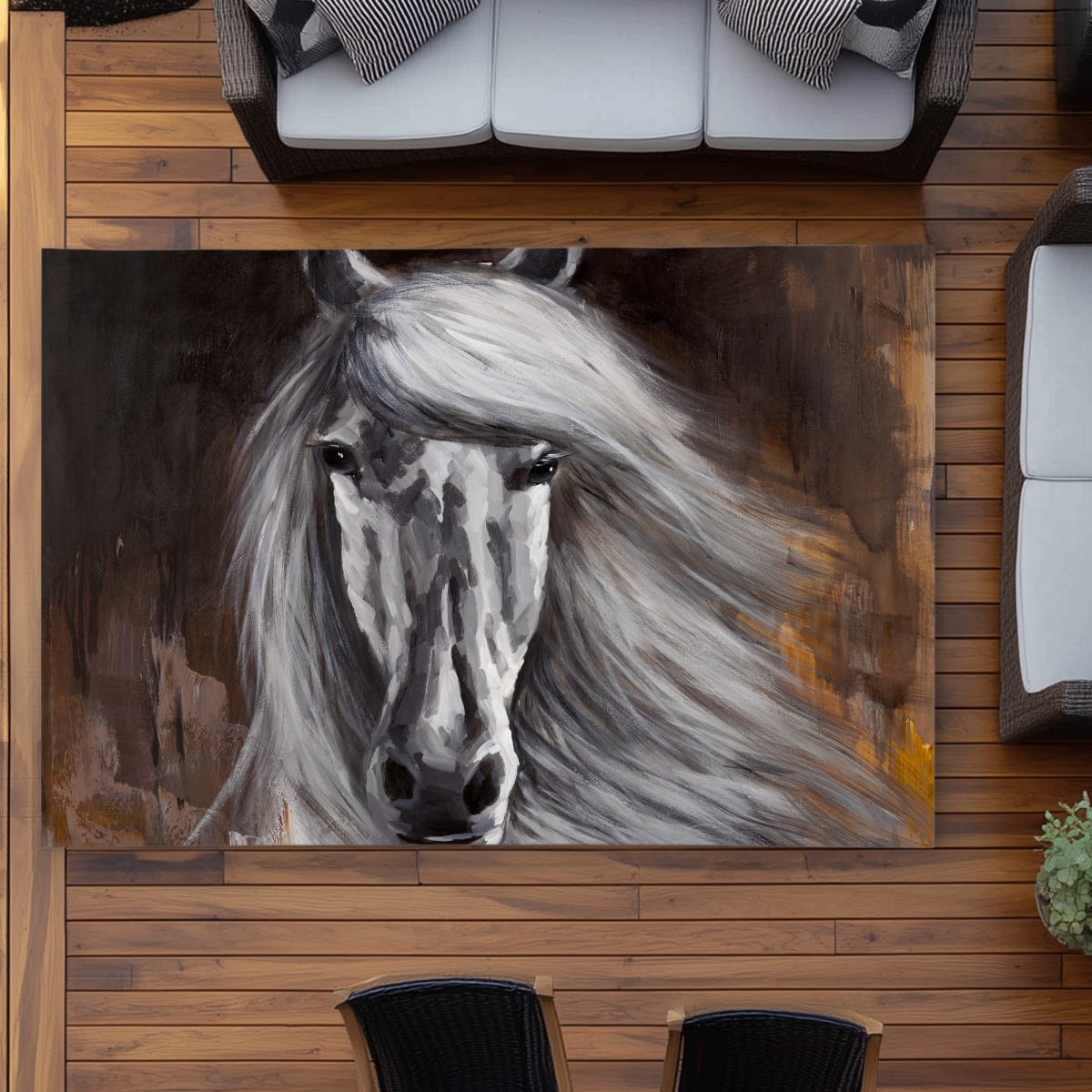 C1ROAR57FB3OXR 5 x 7 ft. Proud White Horse Outdoor Area Rug - Living Room Decor - Rectangle