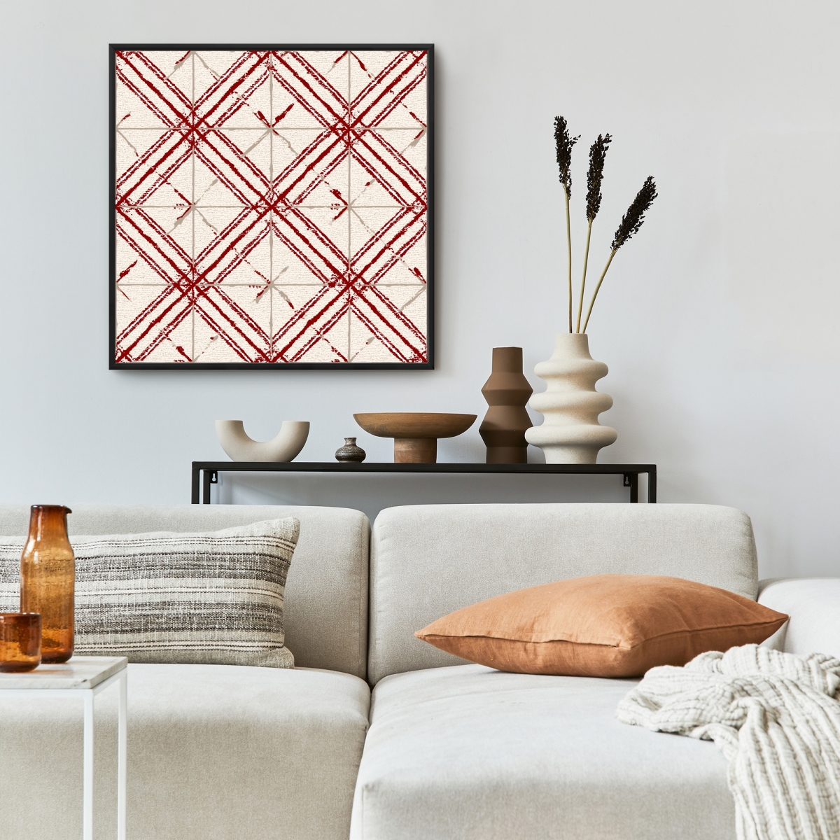 C1FC2424SFRGUC 24 x 24 in. Red Lines Pattern - Beige Framed Canvas for Home Decor