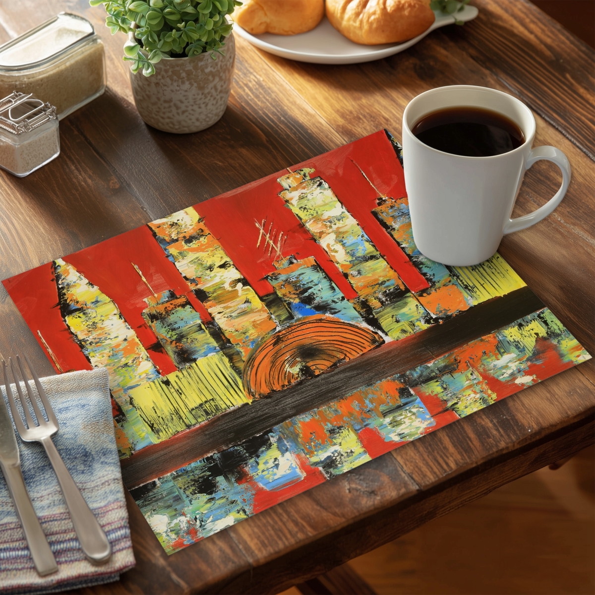 Picture of Begin Home Decor C4PP1418KUXQ7W 14 x 18 in. Red Abstract Skyline Polyester Placemat - Home Decor Accent - Set of 4