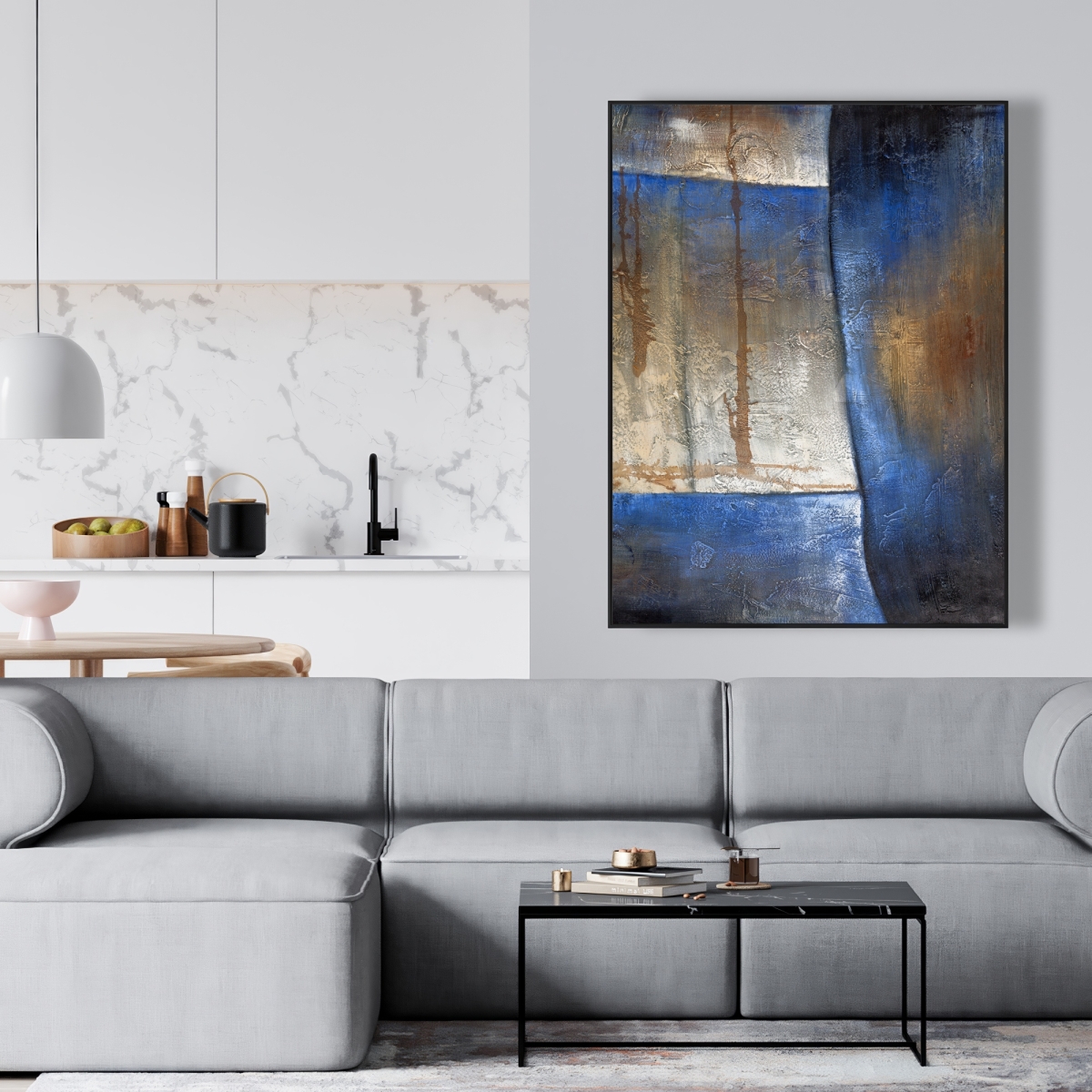 C1FC3648CL9QKH 36 x 48 in. Luminous Blue & Bronze Shape - Industrial Framed Canvas Decor