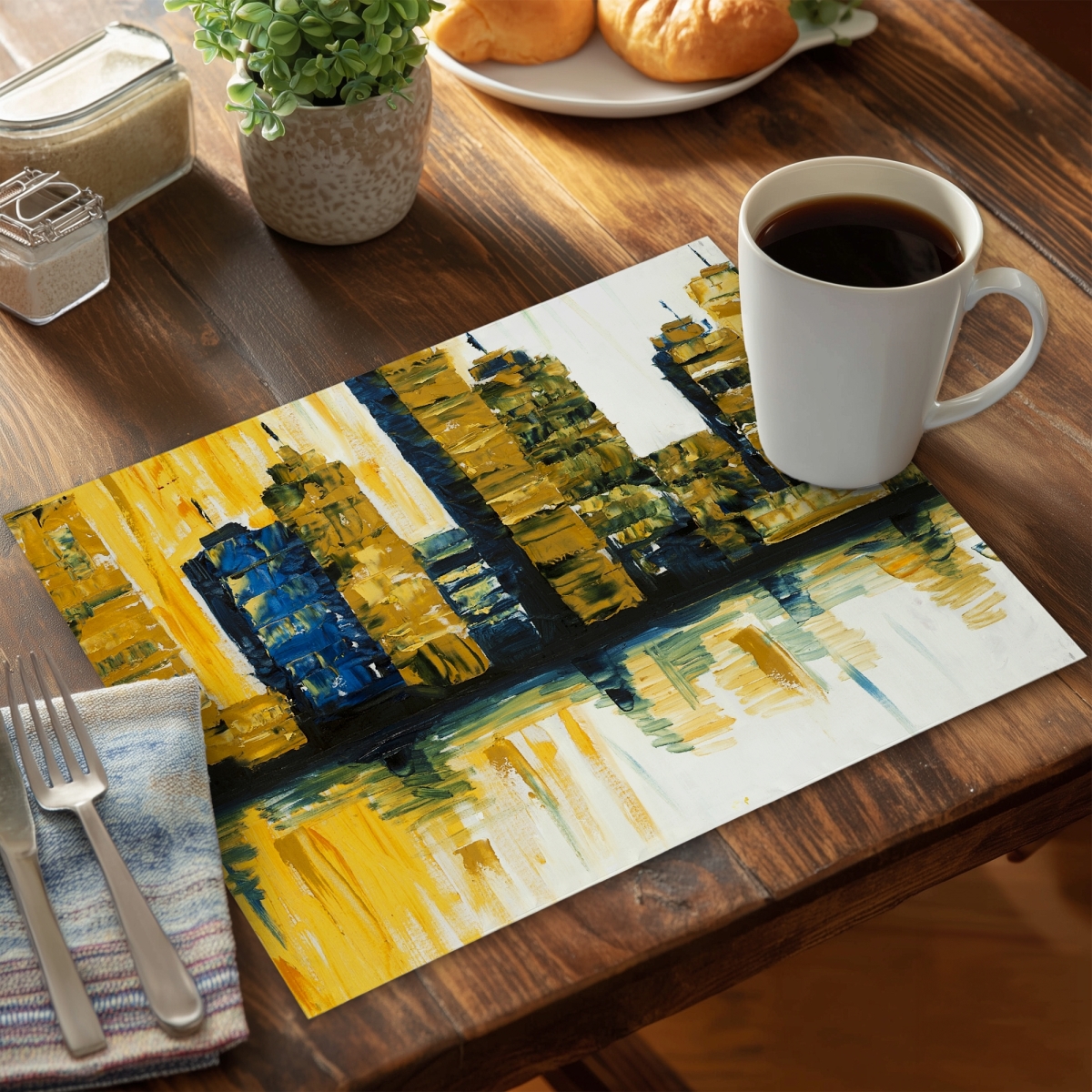 Picture of Begin Home Decor C6PP1418DPWC49 14 x 18 in. Yellow Abstract Skyscrapers Polyester Placemat - Home Decor - Set of 6