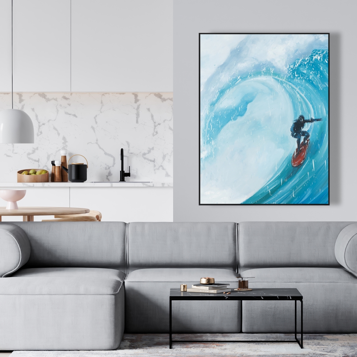 C1FC3648TYVH3W 36 x 48 in. Surfer on a Big Wave - Turquoise Framed Canvas Home Decor