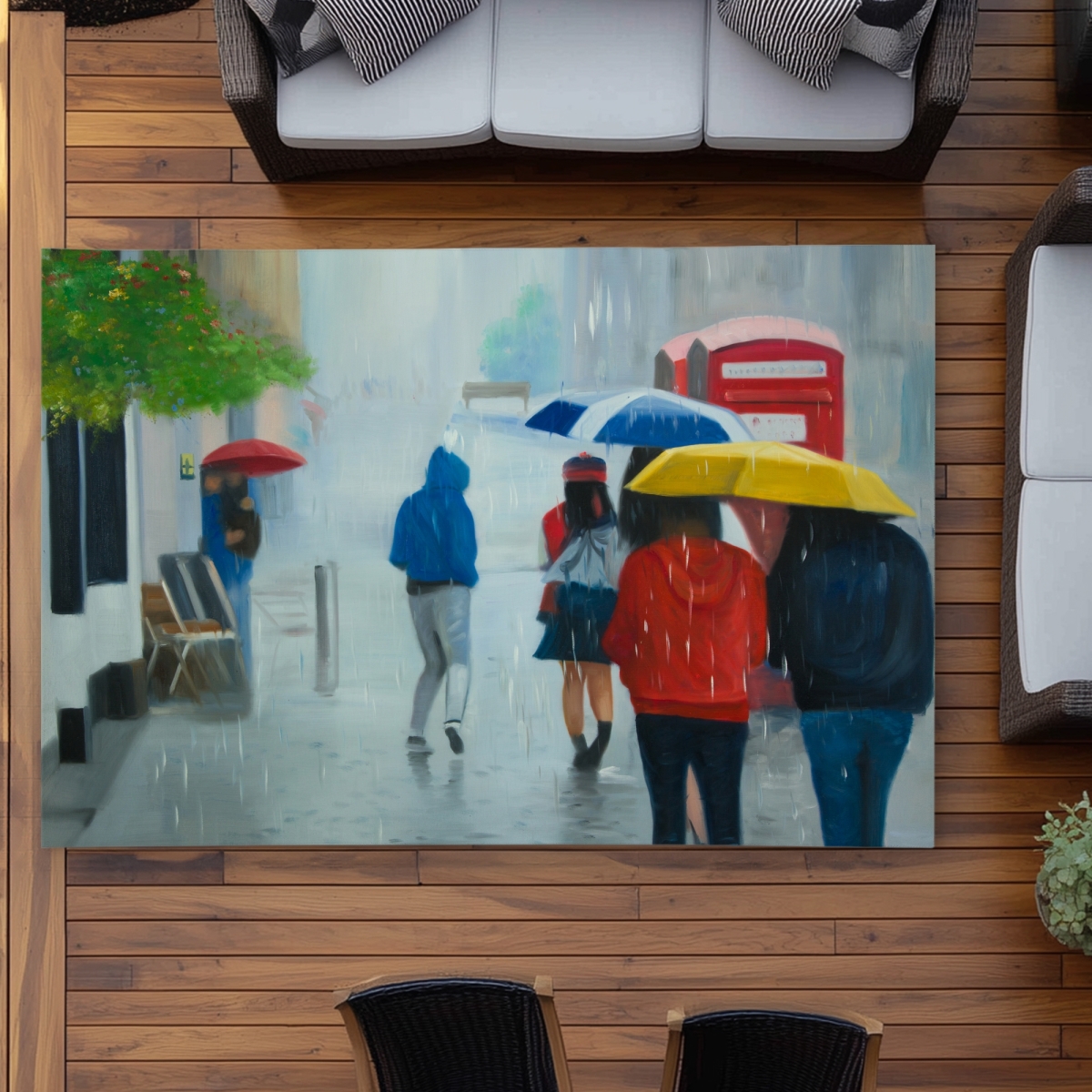 C1ROAR57RGX2R1 5 x 7 ft. Gray Building Outdoor Area Rug - People Walking Umbrella Rainy Day - Rectangle