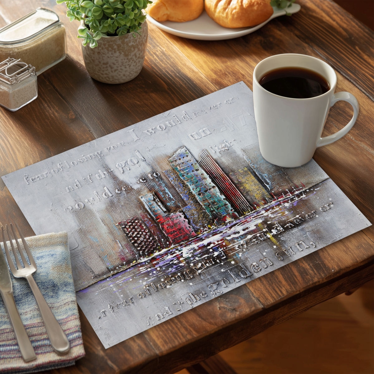 Picture of Begin Home Decor C4PP1418OESEOE 14 x 18 in. Cityscape with Typography in Relief - Polyester Placemat - Home Decor - Set of 4