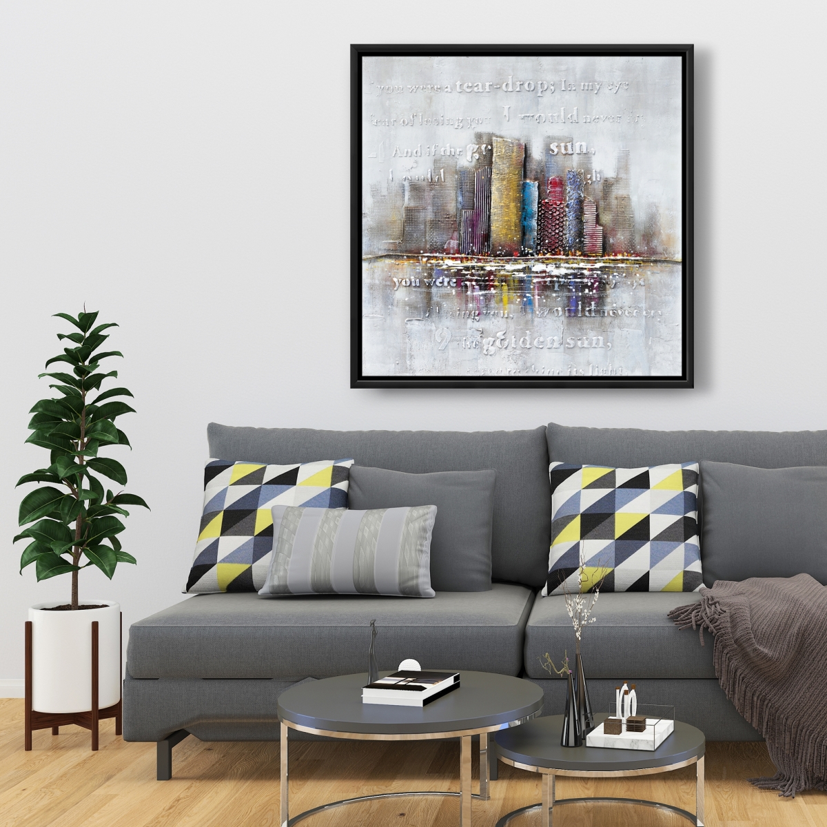 C1FC3636HYO43J 36 x 36 in. Buildings with Typography in Relief - Framed Canvas Decor