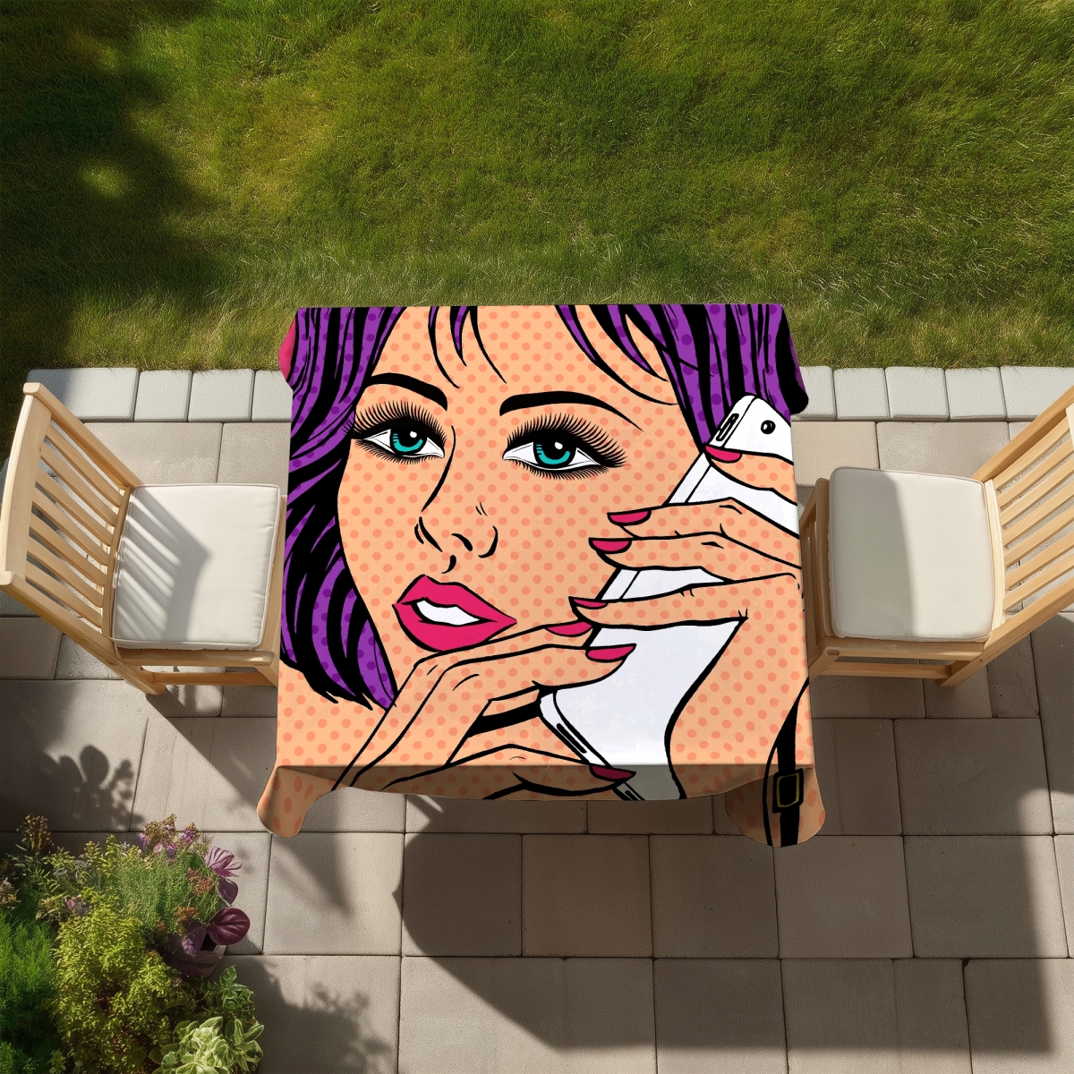Picture of Begin Home Decor C1TC58583YN0ZS 58 x 58 in. Pop Art Style Lady on Phone Tablecloth - Pink Home Decor