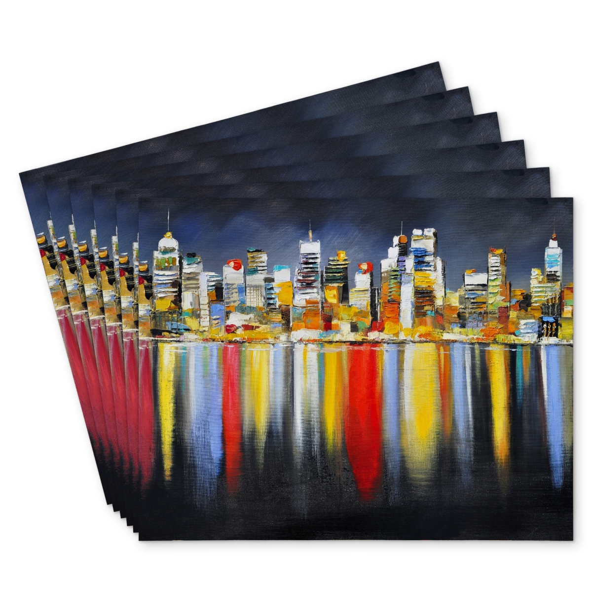 Picture of Begin Home Decor C6PP1418GTQDXY 14 x 18 in. Colorful Cityscape Night Reflection Polyester Placemat - Home Decor - Set of 6