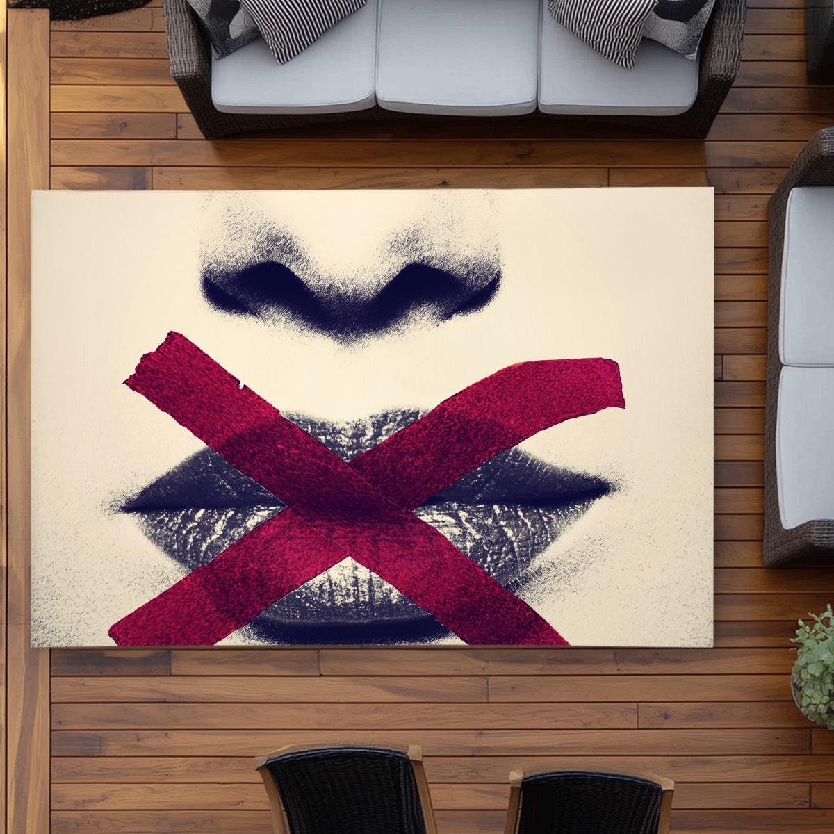 C1ROAR57U2TWGP 5 x 7 ft. Grayscale Lips with a Red X - Beauty Figurative Outdoor Rug - Rectangle