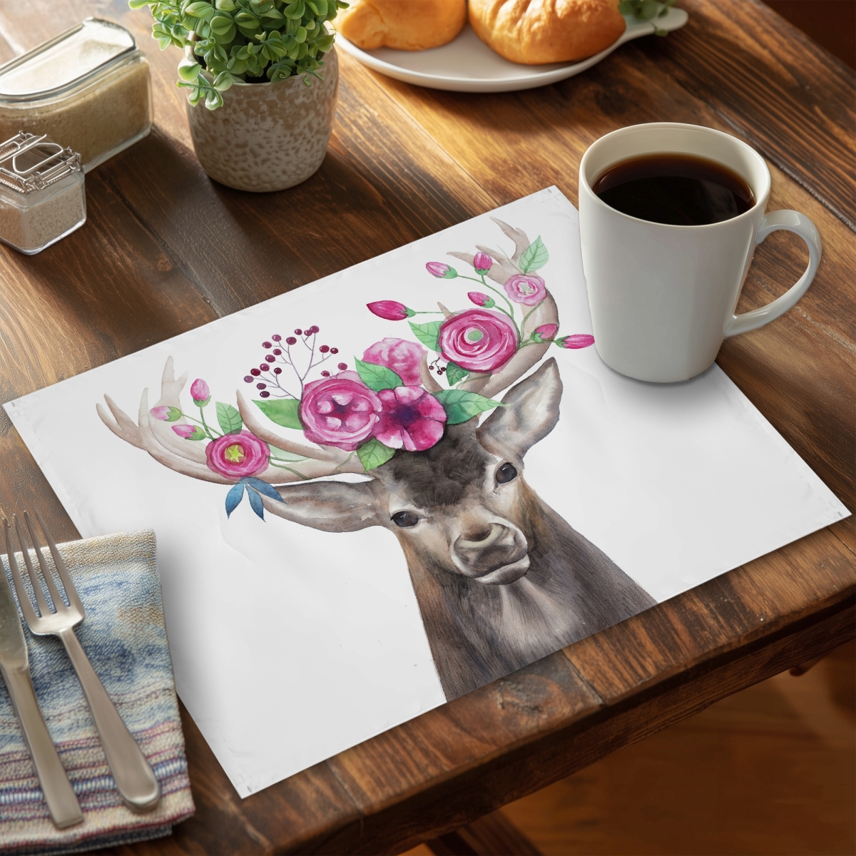 Picture of Begin Home Decor C6PP1418IPKCK3 14 x 18 in. Deer Head with Flowers Polyester Placemat - Home Decor - Set of 6