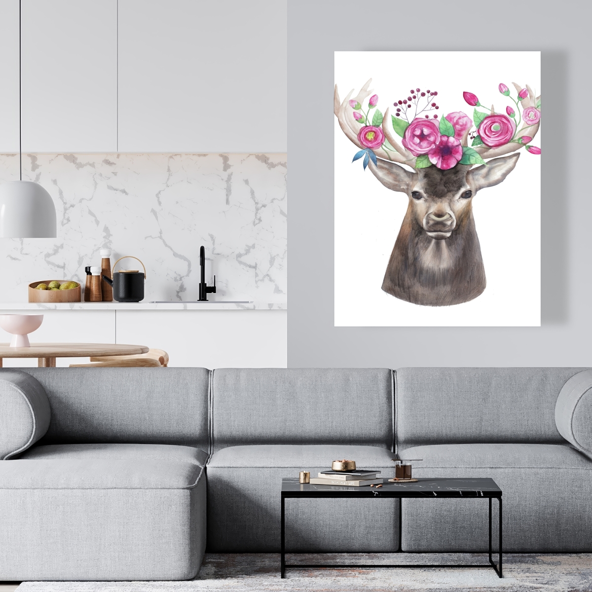 C1RC3648OCC58A 36 x 48 in. Deer Head with Flowers - Pink Canvas Home Decor Art