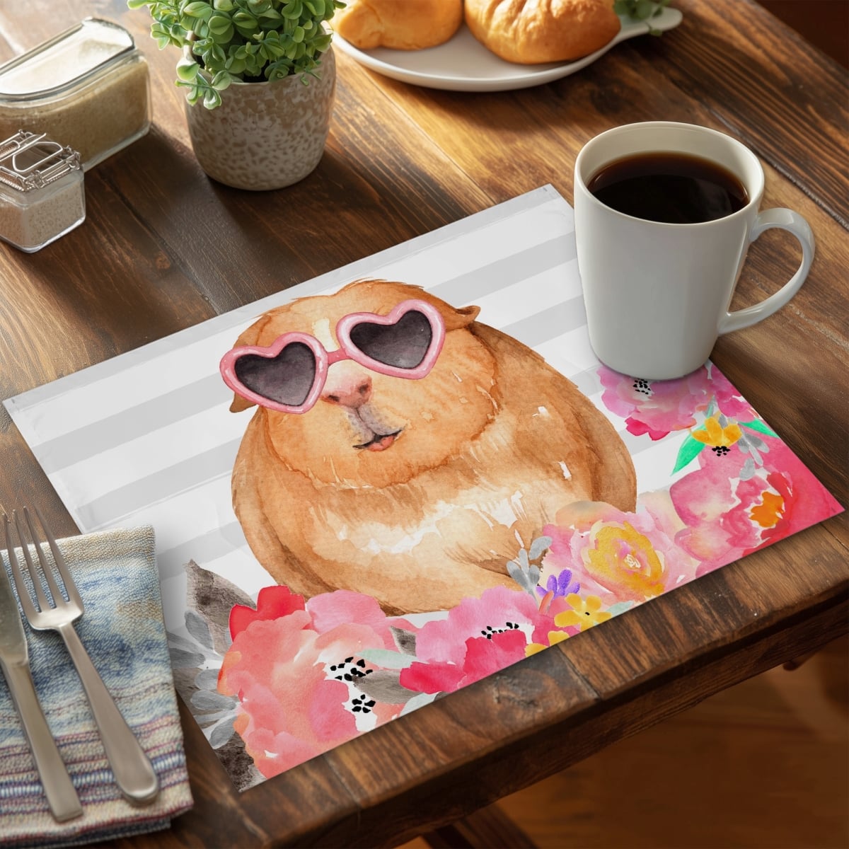 Picture of Begin Home Decor C6PP14189VWL70 14 x 18 in. Guinea Pig with Glasses Polyester Placemat - Home Decor - Set of 6