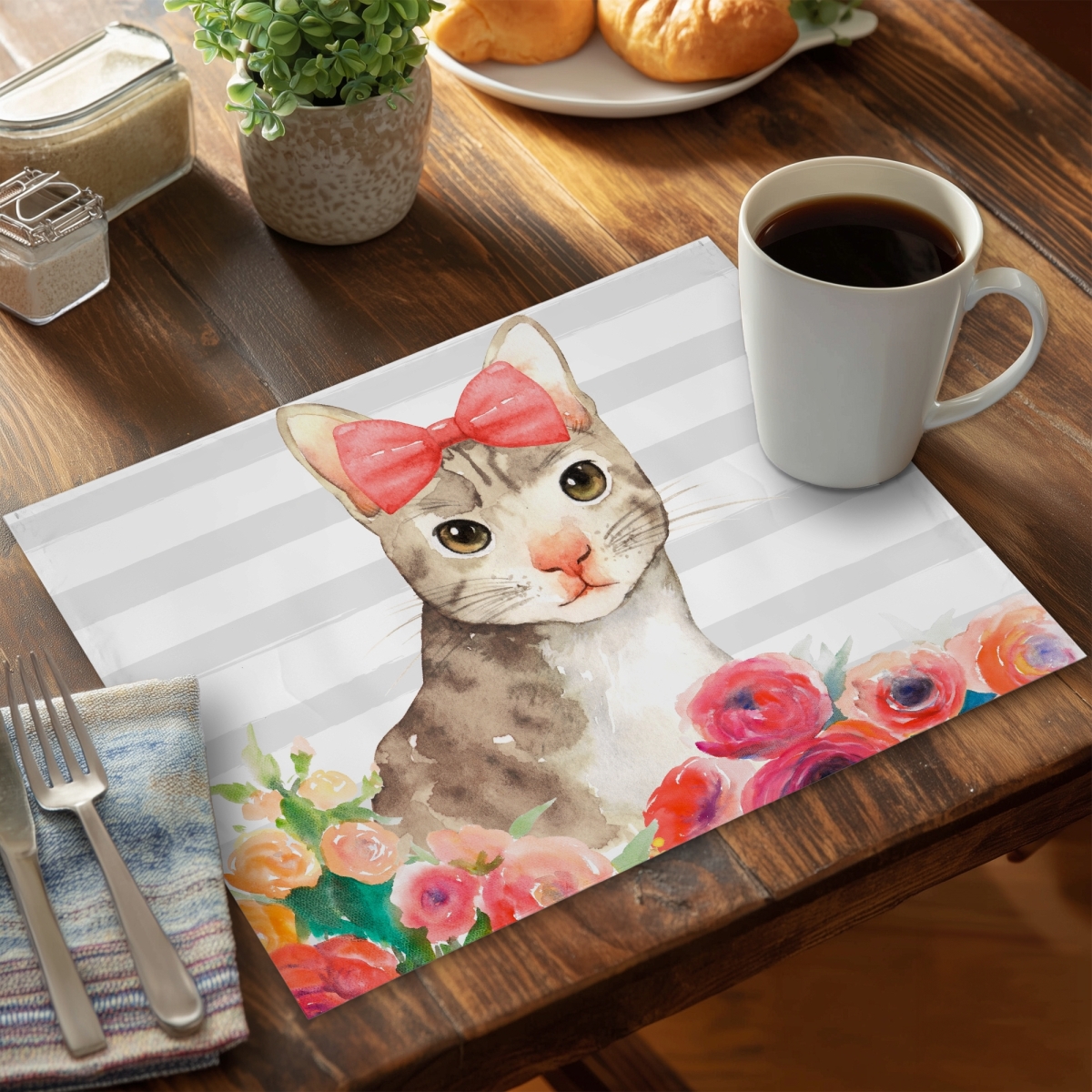Picture of Begin Home Decor C4PP1418RV6M94 14 x 18 in. Small Cat with Flowers Polyester Placemat - Home Decor - Set of 4