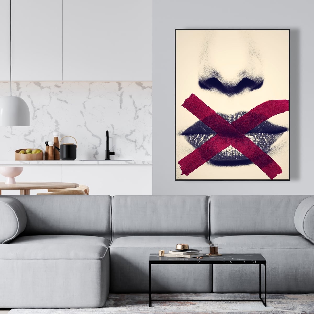 C1FC36486YABE5 36 x 48 in. Grayscale Lips with Red X - Figurative Gray Framed Canvas Decor