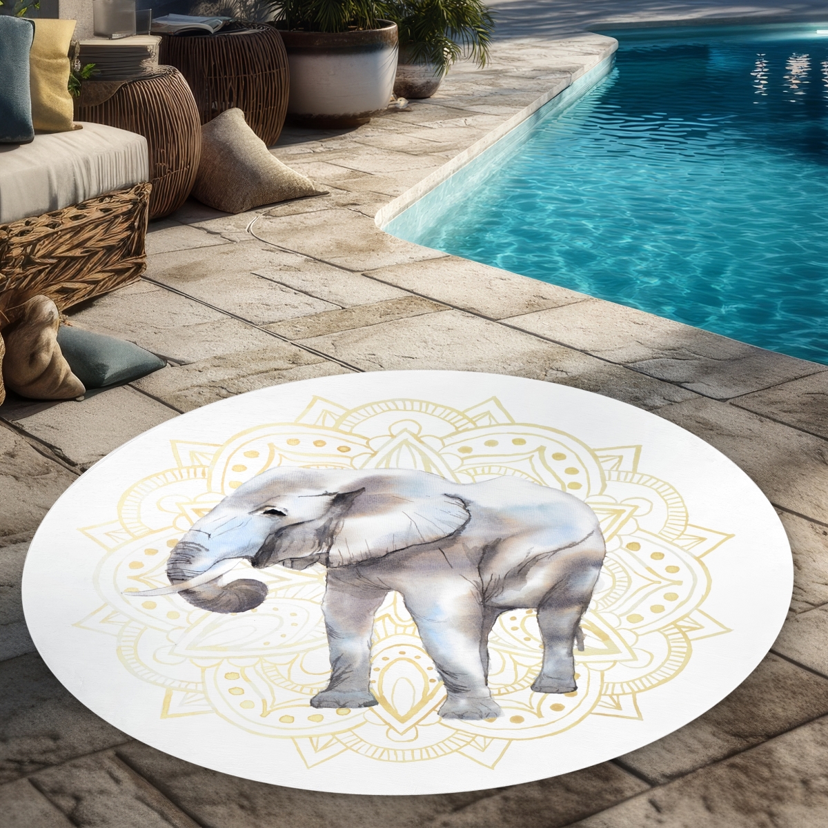 C1COAR55AREIH5 5 x 5 ft. Elephant on Mandalas Pattern Rug - Round Outdoor Area Decor