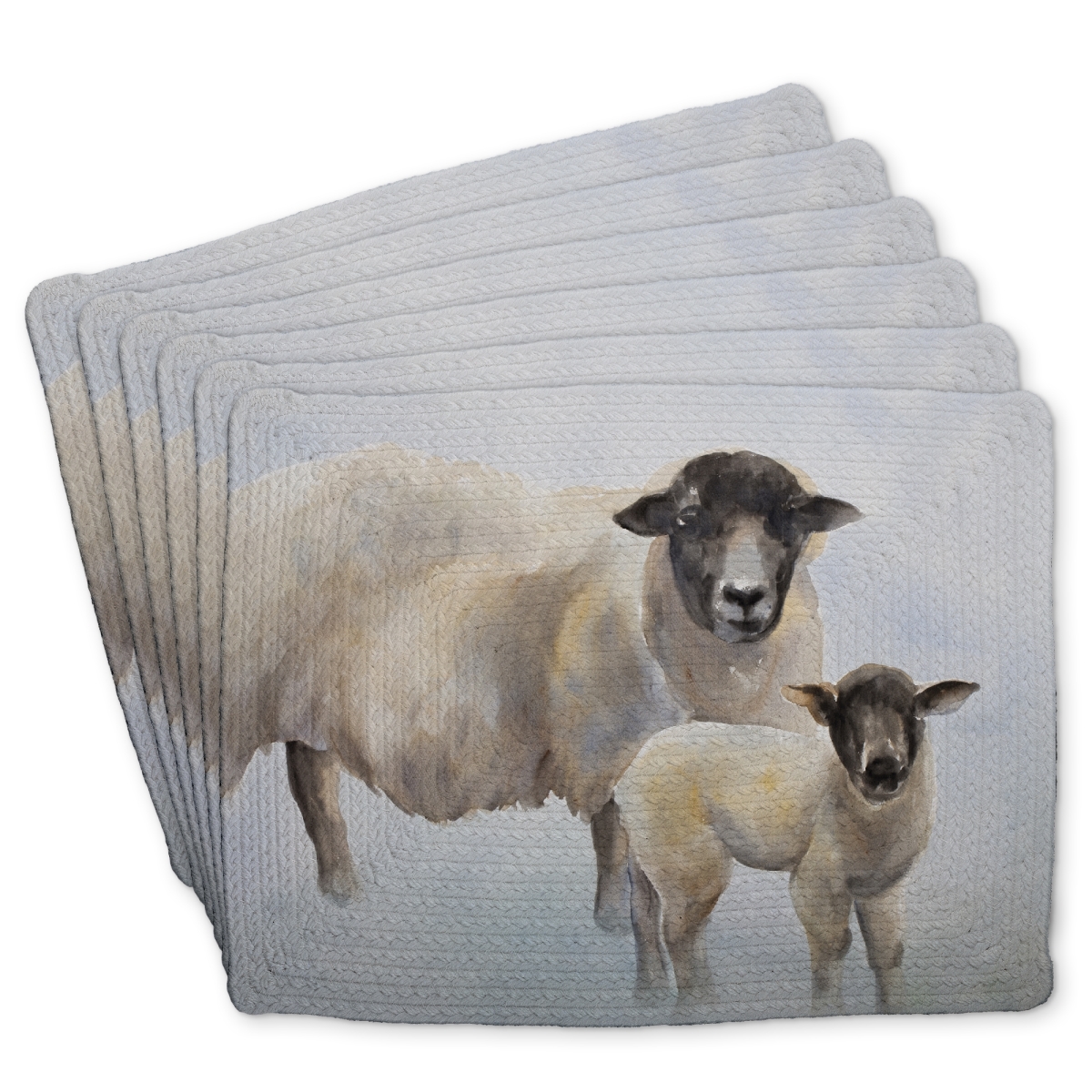 Picture of Begin Home Decor C6BP1418DWT5O3 14 x 18 in. Sheep & Its Baby Braided Polyester Placemat for Home Decor - Set of 6