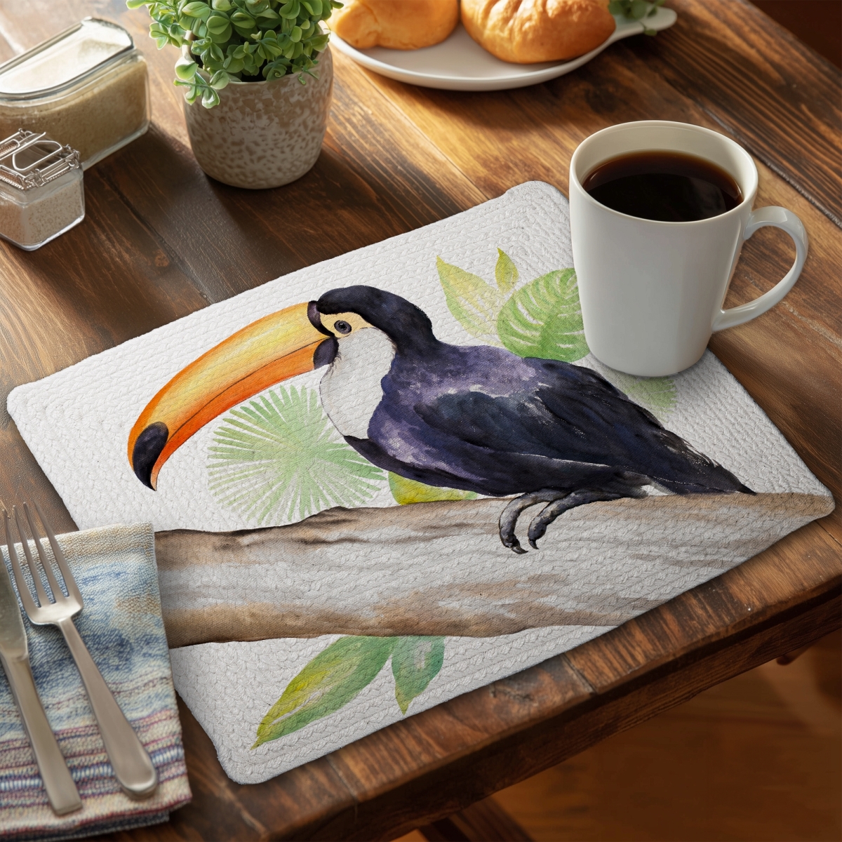 Picture of Begin Home Decor C6BP1418CMQAAT 14 x 18 in. Toucan Perched Braided Polyester Placemat - Home Decor - Set of 6