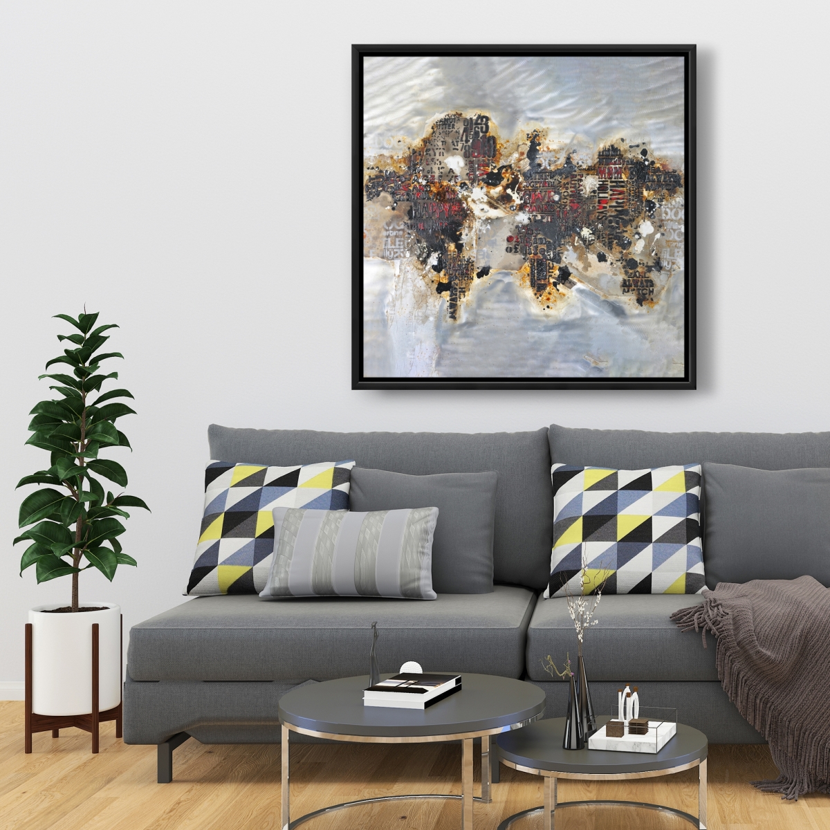 C1FC36367FW0AY 36 x 36 in. Texturized World Map with Typography - Framed Canvas Decor