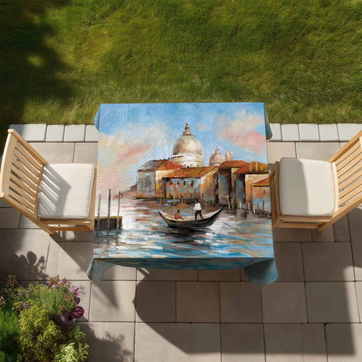 Picture of Begin Home Decor C1TC58586DNCMP 58 x 58 in. Two Europeans on a Gondola Tablecloth - Indoor Outdoor Decor