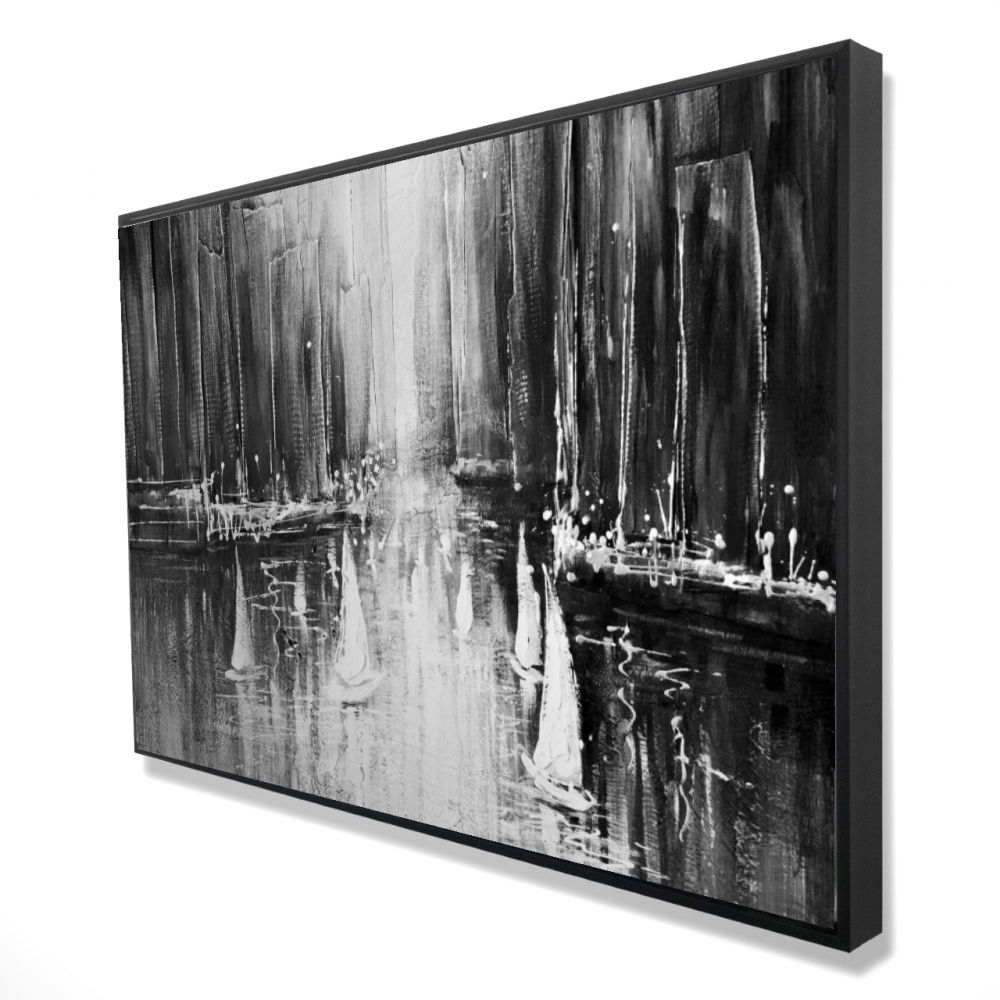 2081-2436-CO4 24 x 36 in. Grayscale Boats on the Water - Office Boat Framed Canvas Decor
