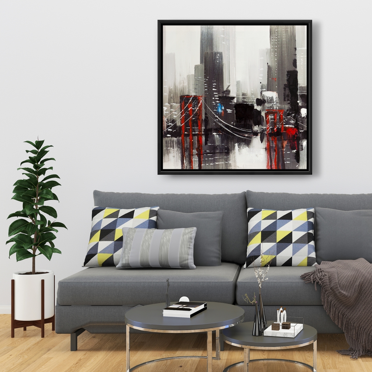 C1FC3636MXU6ZG 36 x 36 in. Abstract Gray City with Bridge - Modern Red Framed Canvas Decor