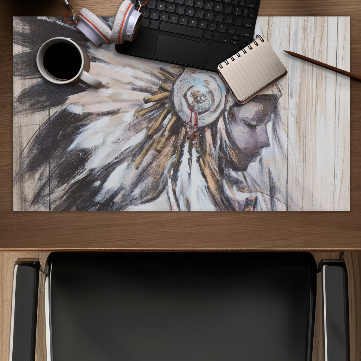 C1DM1424G42KZ2 14 x 24 in. Indian with Headdress Chief - Spiritual Gaming Mat - Home Decor