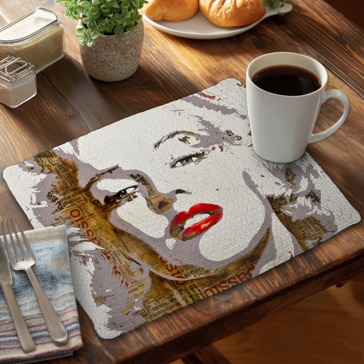 Picture of Begin Home Decor C6BP1418WWSQQE 14 x 18 in. Marilyn Monroe Typography Braided Polyester Placemat - Home Decor - Set of 6