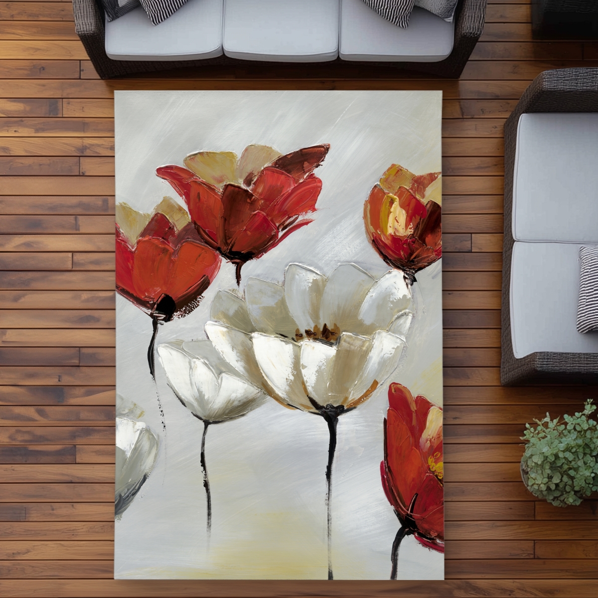 C1ROAR57SJ6JER 5 x 7 ft. Abstract Red & White Flowers Rug - Red Bedroom Decor - Rectangle