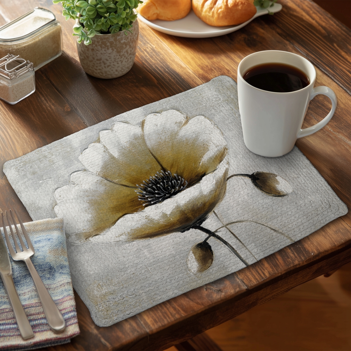 Picture of Begin Home Decor C6BP1418QZ1OQ5 14 x 18 in. Modern Beige Flower Braided Polyester Placemat - Home Decor - Set of 6