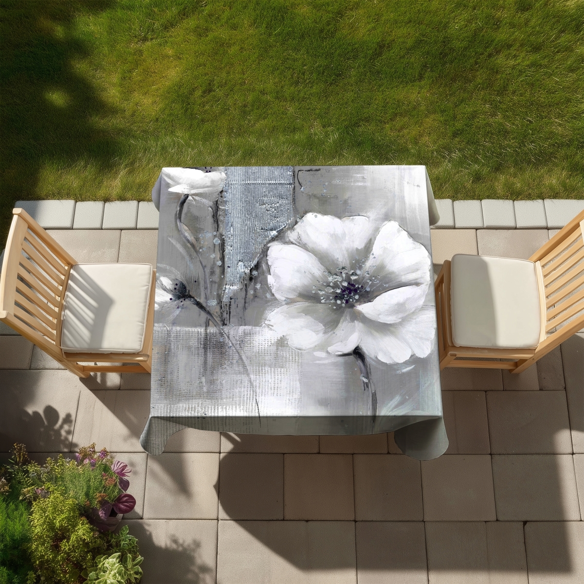 Picture of Begin Home Decor C1TC5858ZI15P0 58 x 58 in. Monochrome & Silver Flowers Tablecloth - Indoor Outdoor Decor
