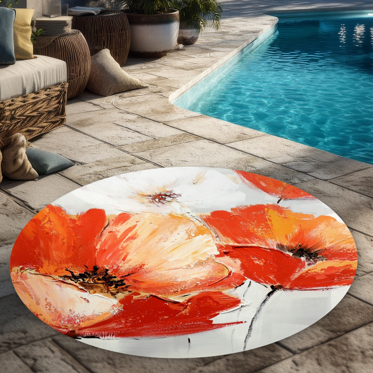 C1COAR55CJH631 5 x 5 ft. Red Wild Flowers in the Wind - Round Outdoor Area Rug