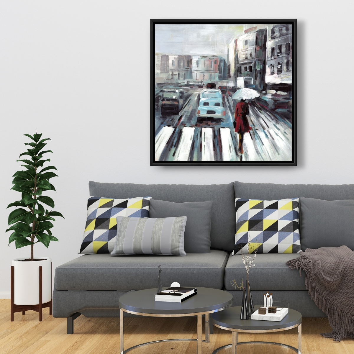 C1FC36369RI2IA 36 x 36 in. Abstract Pedestrian Crossing - Car Red Framed Canvas Decor